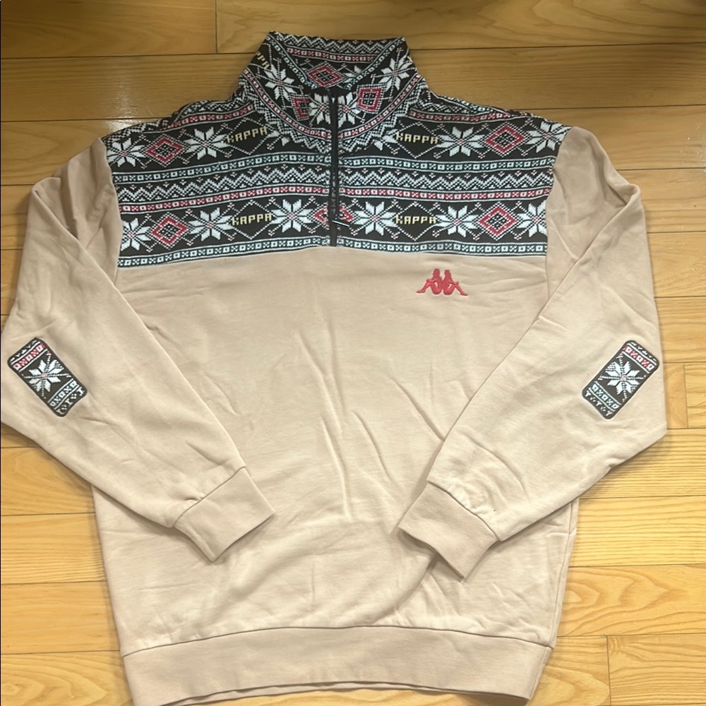 Kappa Tan and Black Zip Up Sweater with Knit Stand-Up Collar Extra Large